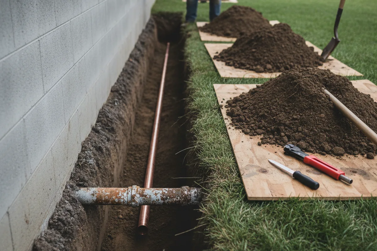 Excavated water line trench during Sewer Line Repair in Howard Lake